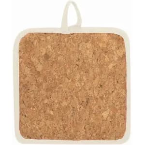 A cork pot holder with a fabric border and a hanging loop, featuring a natural brown cork surface.