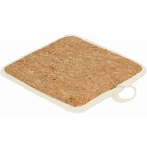 A square cork mat with a white border and a looped handle for easy lifting. The cork surface is natural in colour.
