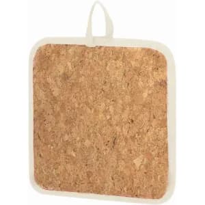 A square cork pot stand with a cream-coloured fabric border and a hanging loop.
