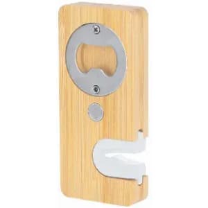A bottle opener made of bamboo with a metal opening mechanism and a hook for hanging.