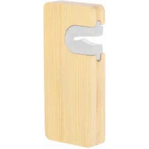 A bamboo phone stand with a white plastic insert, featuring a sleek and natural design.