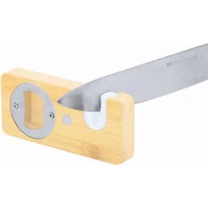 A kitchen knife with a stainless steel blade and a bamboo handle, featuring a circular cut-out and a metal accent.