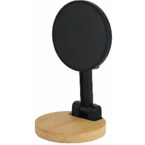 A promotional display stand with a round black sign and a natural bamboo base.