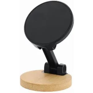 A black magnetic phone holder with a wooden base, designed for sturdy device placement.