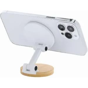 A phone holder with a wooden base and adjustable white arm, supporting a smartphone in an upright position.