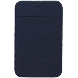 A cardholder in navy blue with a textured surface and a slot at the top. It features a logo.