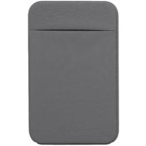A grey product holder with a textured surface and a pocket on the front. It features a branding logo.