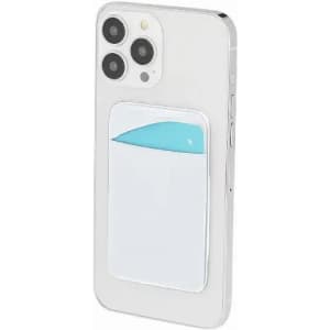 A phone case in white with a light blue cardholder attachment. Features a logo on the cardholder.