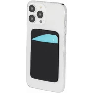 A smartphone with a black card holder on the back featuring a light blue accent. The phone has a glossy white finish.