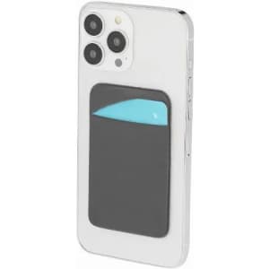A phone case with a grey pocket and a blue accent, designed to hold cards, featuring a logo on the back.