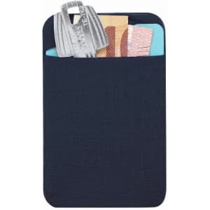 A cardholder in navy blue with multiple cards partially visible in an open pocket. Features a textured surface.