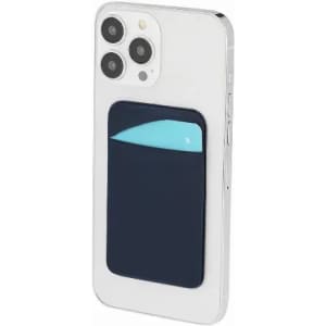 A phone with a navy blue wallet attached, featuring a light blue card pocket, showcasing a sleek design.