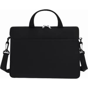 A black laptop bag with a zip closure, featuring two handles and an adjustable shoulder strap.