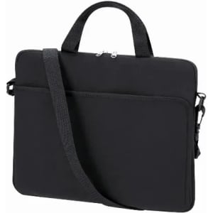 A black laptop bag with a handle and adjustable shoulder strap, featuring a zip closure and front pocket.