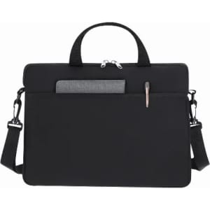 A black laptop bag with a handle, adjustable strap, and front pocket for accessories. It features a sleek, minimalist design.