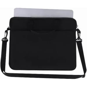 A black laptop bag featuring a zip closure, handles, and a detachable strap. It has a simple, sleek design.
