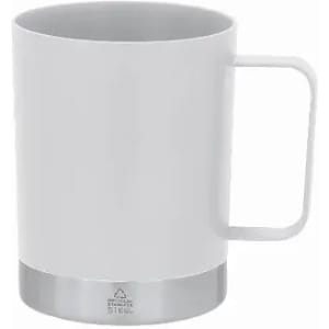 A drink bottle in white with a silver base and a sturdy handle, featuring a logo on the bottom.