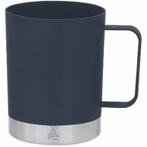 A drink bottle in navy blue with a stainless steel base and a sturdy handle. Features a simple yet sleek design.