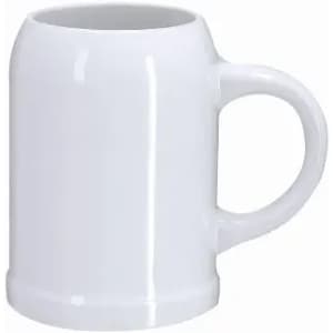 A drink bottle in a solid white colour with a handle and a cylindrical design. Features a branding logo.
