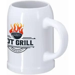 A white ceramic mug with a handle featuring a logo of a grill and flame design.