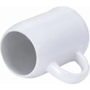 A white ceramic mug with a handle, seen from a tilted angle. The interior is also white.
