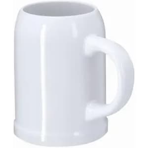 A drink mug in white plastic with a sturdy handle and a cylindrical shape. It features a smooth surface and no decorations.