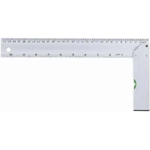 A white square ruler featuring measurements in both inches and centimetres, with a branding logo on one side.