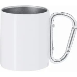 A white drink mug with a silver carabiner handle. It features a smooth finish and a metallic interior.