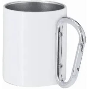 A drink bottle in white with a metallic carabiner-style handle. Smooth, cylindrical design.