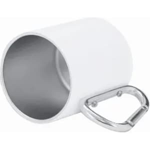 A drink bottle in white with a stainless steel interior and a metal carabiner attached.