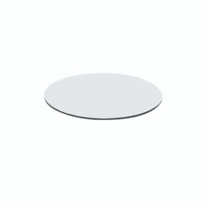 A round white plate with a smooth surface, featuring a simple design and no visible branding.