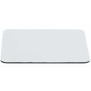 A rectangular, thin, white mouse pad with black edges and a smooth surface.
