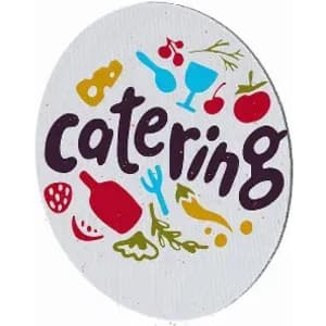 A round logo featuring the word "catering" with various food and drink icons in red, yellow, and green.