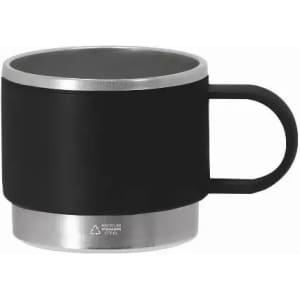A black drink mug with a stainless steel base and handle, featuring a logo on the side.