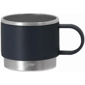 A drink bottle with a dark blue exterior, stainless steel bottom, and a handle. It features a logo.