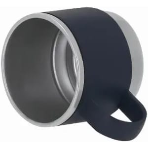 A drink bottle in navy blue, featuring a sleek design and a handle, with a stainless steel interior and an exterior grip.