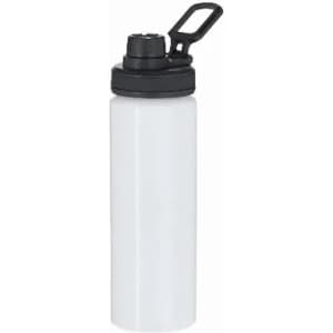 A drink bottle in white with a black cap and handle, featuring a logo on the side.