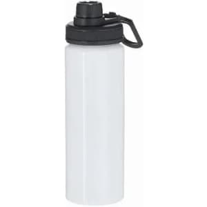 A drink bottle in white with a black cap and handle, featuring a logo on the side.