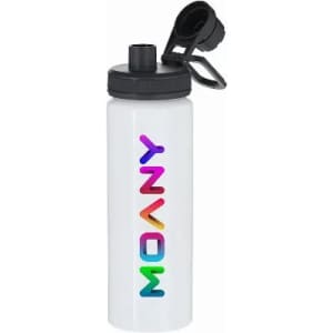 A drink bottle in white featuring a multi-coloured logo and a black cap with a straw.