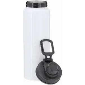 A drink bottle in white with a black lid and a black, removable spout attachment, featuring a logo.