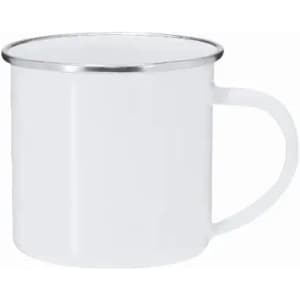 A drink bottle featuring a white body with a silver rim and a handle. It has a simple design and a logo.
