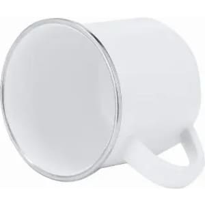 A white mug with a silver rim and a side handle. The mug has a plain, smooth surface.