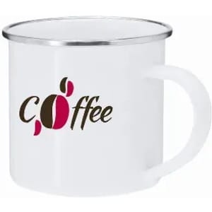 A coffee mug with a white body and silver rim, featuring a logo with the word "Coffee" in black and pink.