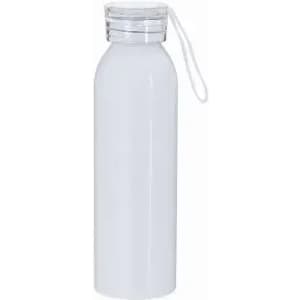 A drink bottle in white with a clear cap and a strap attached. It features a logo on the body.