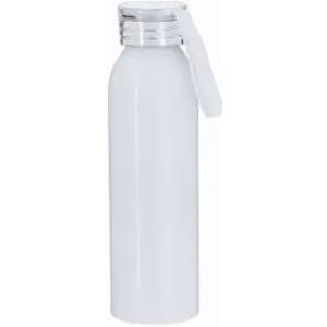 A drink bottle in a solid white colour with a clear lid and a strap. It features a logo on the side.