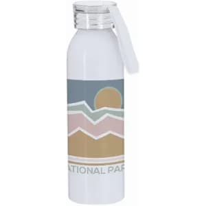 A drink bottle in white with a multi-coloured mountain design and a silver cap featuring a logo.