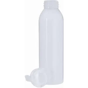 A drink bottle in translucent white with a cap removed, featuring a simple design.
