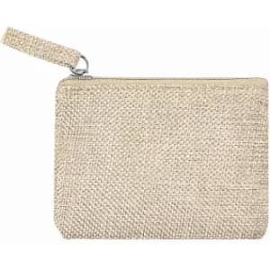 A zippered pouch in a natural, light beige colour with a textured surface and a small wrist strap.