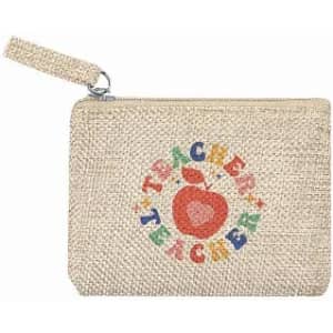 A small beige pouch featuring a colourful apple design with the word "Teacher" in decorative lettering.
