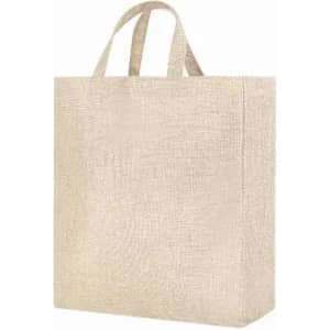 A tote bag made of natural jute, featuring two handles and a minimalist design.